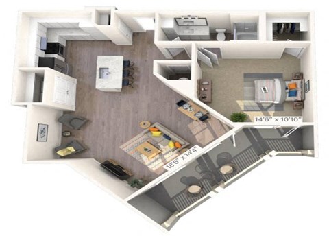 Floor plan for 1 bed, 1 bath, 1017 sqft